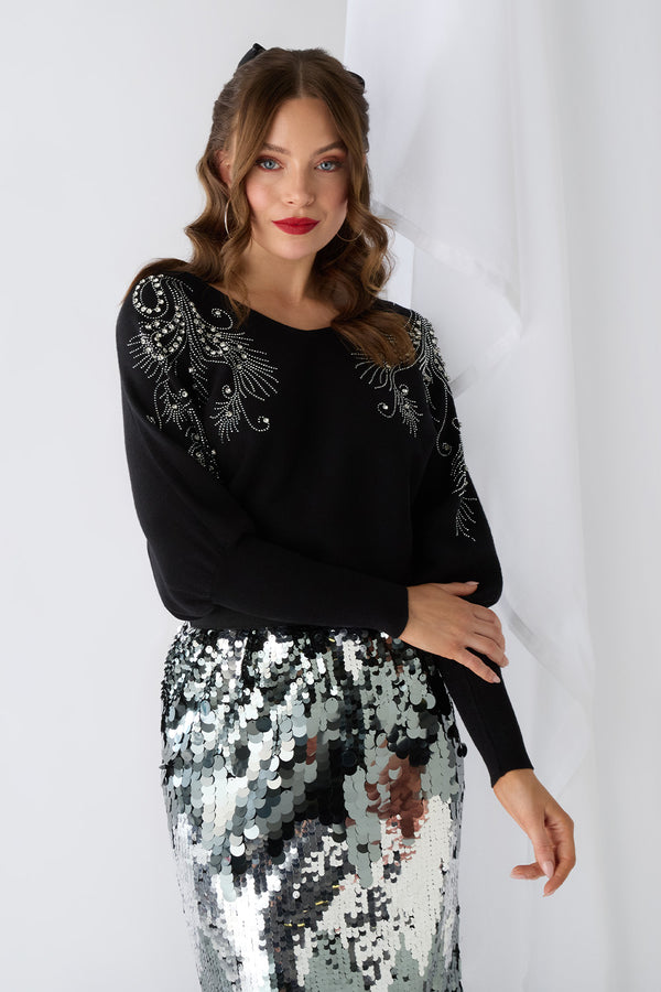 Black | Sparkly Embellished V-Neck Jumper : Model is 5'9"/175 cm and wears UK8/EU36/US4/AUS8