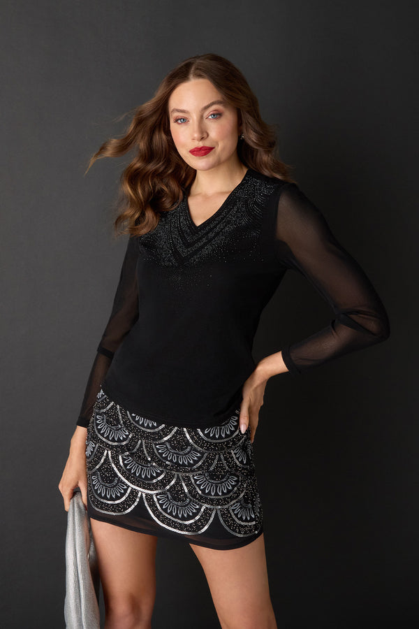 Black | Sparkly Semi Sheer Long Sleeve Top : Model is 5'9"/175 cm and wears UK8/EU36/US4/AUS8