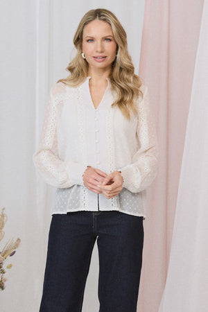 Ivory | Lace Trim High Neck Long Sleeve Blouse : Model is 5'10