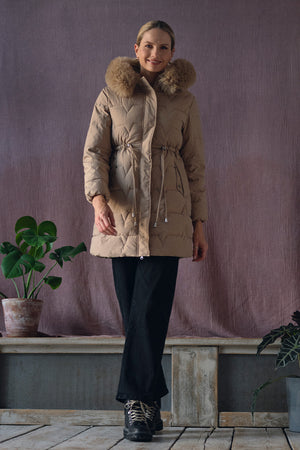 Beige | Faux Fur Hooded Tie Waist Puffer Jacket : Model is 5'10