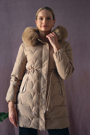 Beige | Faux Fur Hooded Tie Waist Puffer Jacket : Model is 5'10