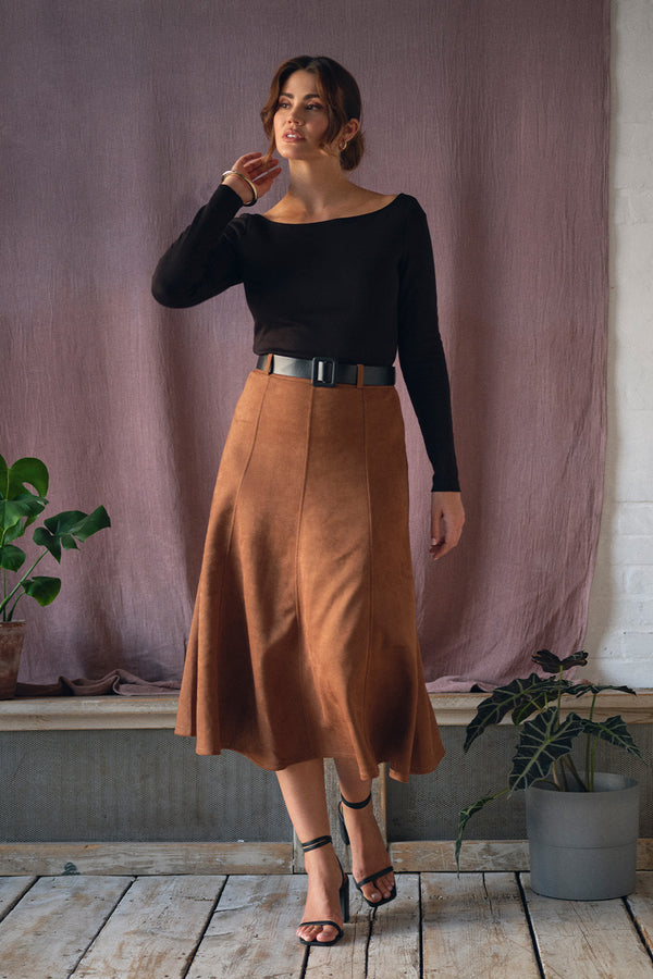 Brown | Belt Detail A-Line Midi Skirt : Model is 5'9"/175 cm and wears UK10/EU38/US6/AUS10