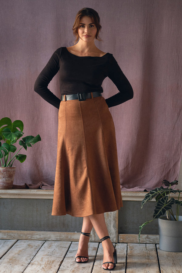 Brown | Belt Detail A-Line Midi Skirt : Model is 5'9"/175 cm and wears UK10/EU38/US6/AUS10