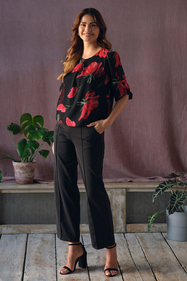 Black | Tie Front High Waist Straight Trousers : Model is 5'9"/175 cm and wears UK10/EU38/US6/AUS10