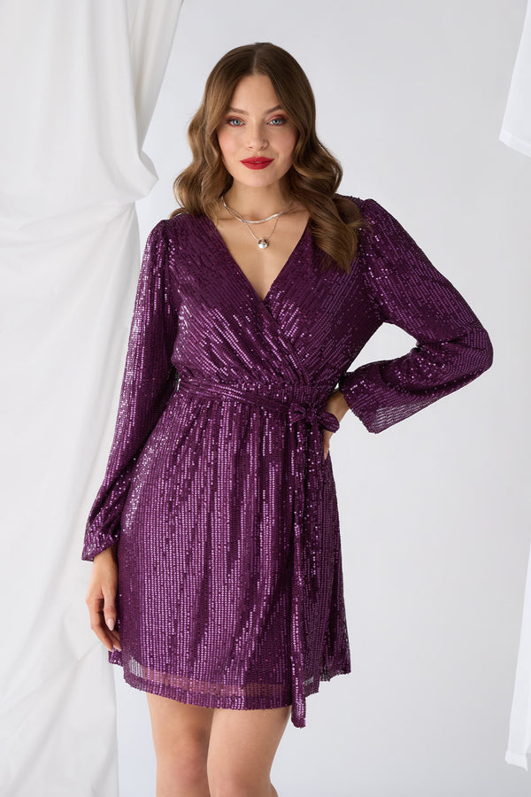 Purple | Sparkly Sequin Long Sleeve Mini Wrap Dress : Model is 5'9"/175 cm and wears UK8/EU36/US4/AUS8