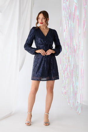 Navy | Sparkly Sequin Long Sleeve Mini Wrap Dress : Model is 5'9
