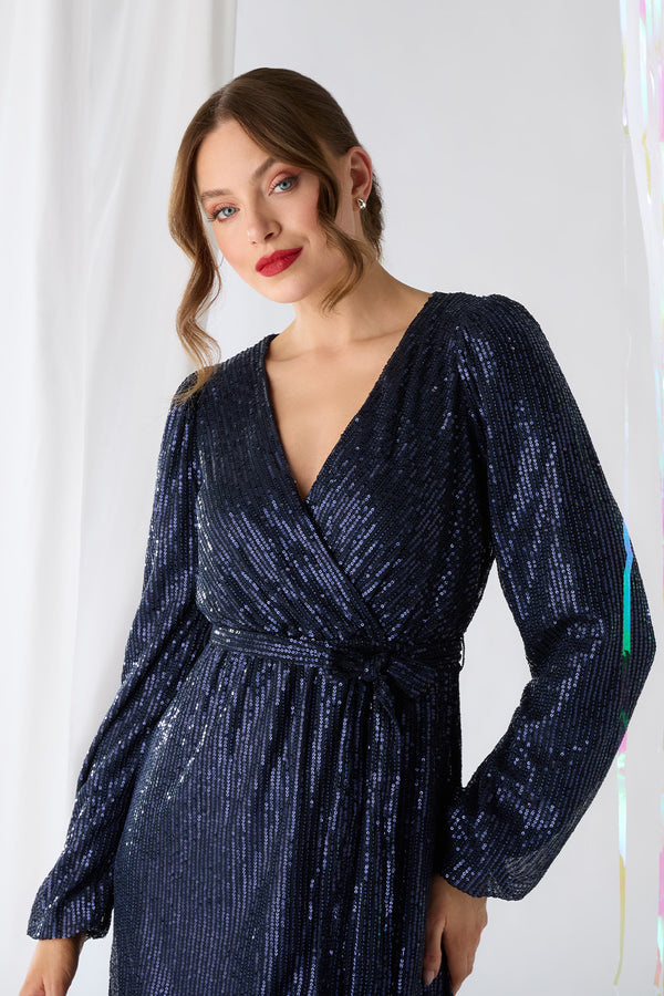 Navy | Sparkly Sequin Long Sleeve Mini Wrap Dress