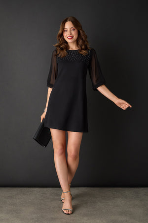 Black | Sparkly Mesh Knit 3/4 Sleeve Short Dress