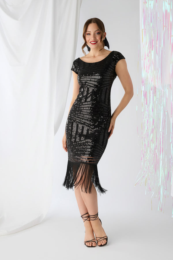 Black | Sequin Embellished Fringed Midi Dress : Model is 5'9"/175 cm and wears UK8/EU36/US4/AUS8