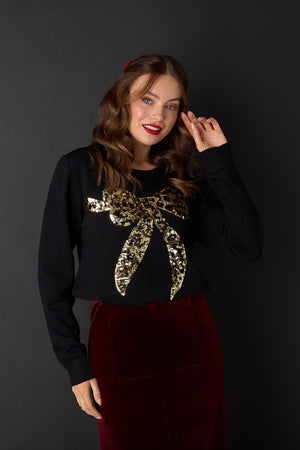 Black | Sparkly Bow Detail Long Sleeve Jumper : Model is 5'9