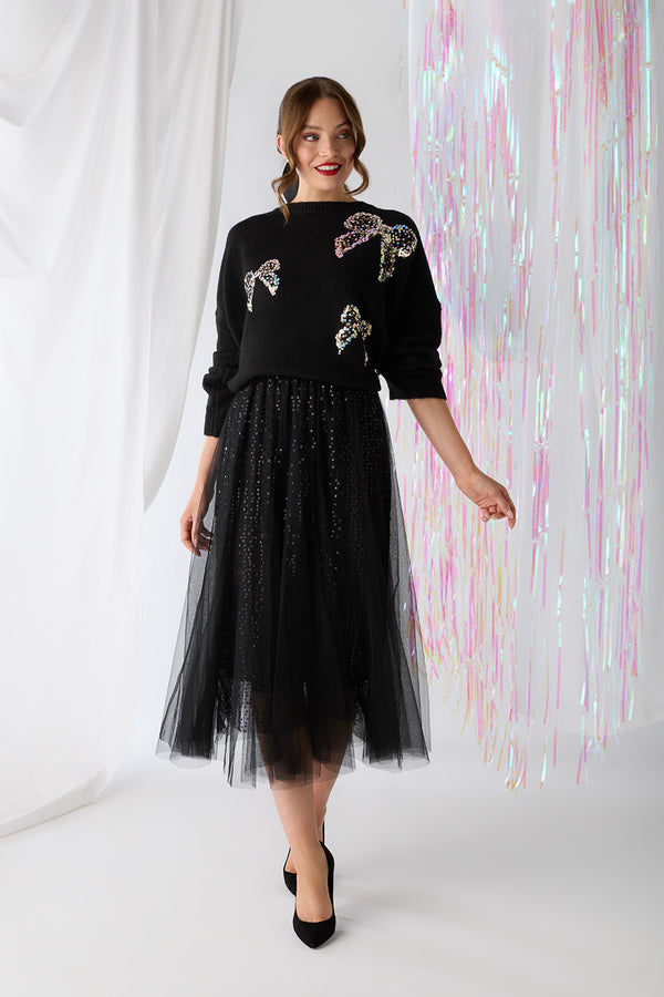 Black | Embellished Mesh Layer Midi Skirt : Model is 5'9"/175 cm and wears UK8/EU36/US4/AUS8