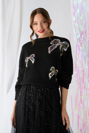 Black | Sequin Bow Detail Drop Shoulder Jumper : Model is 5'9