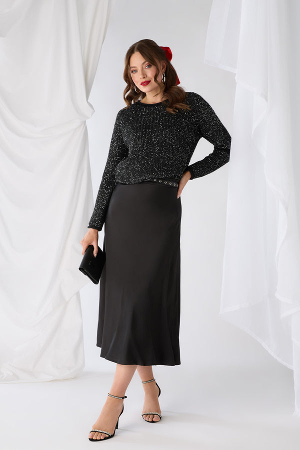 Black | High Waist A-Line Midi Slip Skirt