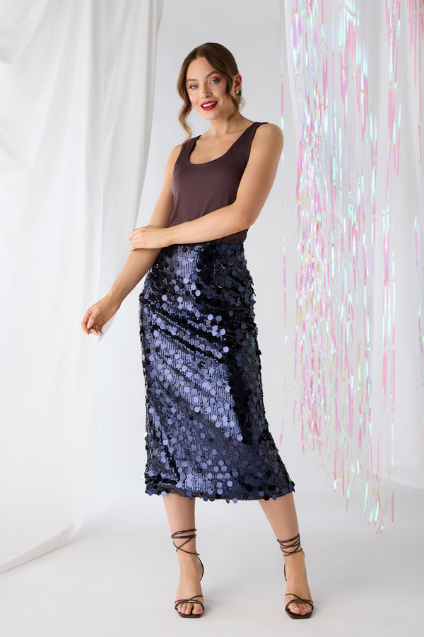 Navy | Sequin Embellished Straight Midi Skirt