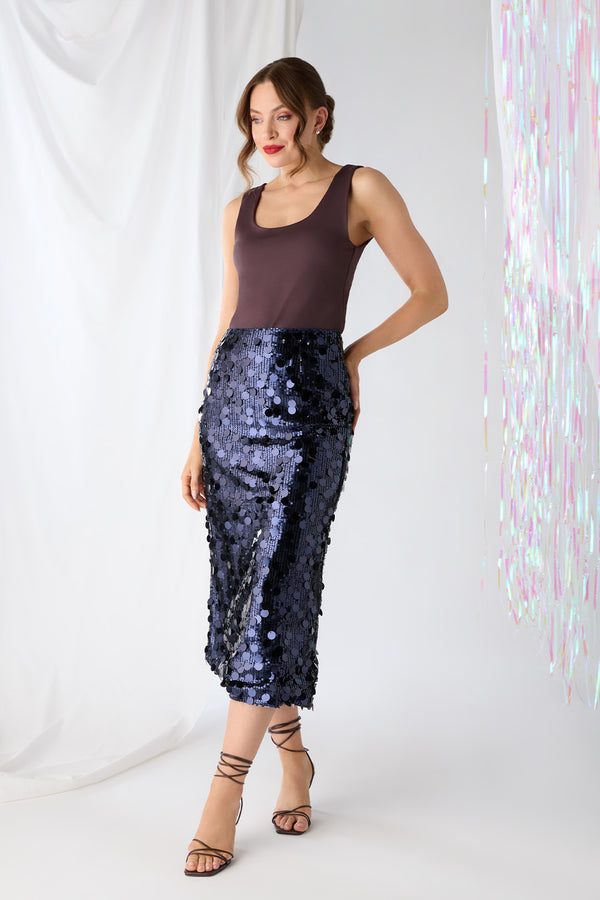 Navy | Sequin Embellished Straight Midi Skirt : Model is 5'9"/175 cm and wears UK8/EU36/US4/AUS8