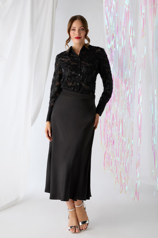 Black | Floral Sequin Lace Long Sleeve Shirt
