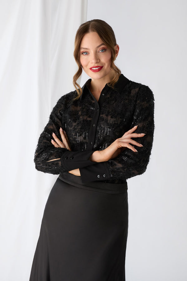 Black | Floral Sequin Lace Long Sleeve Shirt : Model is 5'9"/175 cm and wears UK8/EU36/US4/AUS8
