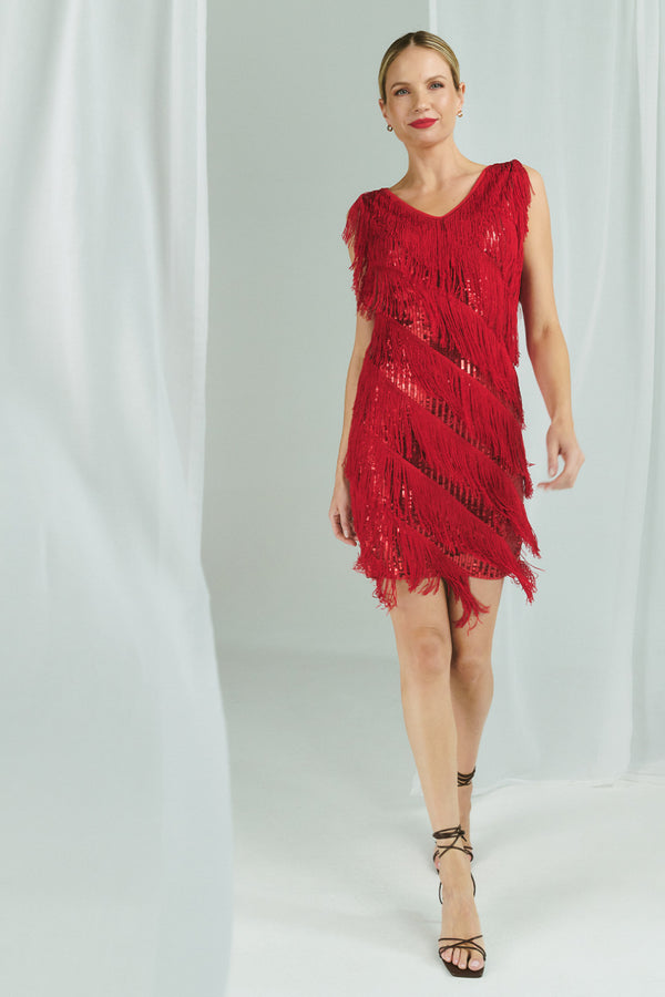 Red | Sequin Tassel Fringed Mini Dress : Model is 5'10"/178 cm and wears UK10/EU38/US6/AUS10
