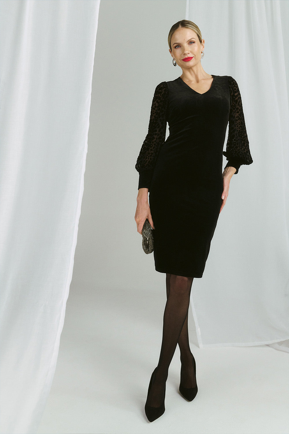 black velvet knee length dress Black Velvet Bodycon Midi Dress with Pearl Embellished Neckline