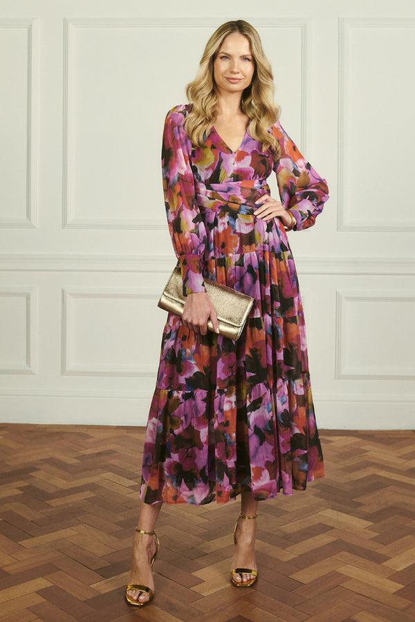 Pink | Floral Long Sleeve Ruched Maxi Dress : Model is 5'10"/178 cm and wears UK10/EU38/US6/AUS10