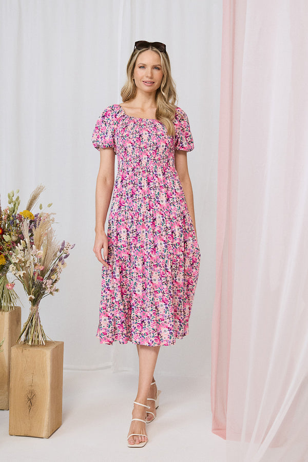 Pink | Floral Puff Sleeve Smock Midi Dress  : Model is 5'10"/178 cm and wears UK10/EU38/US6/AUS10
