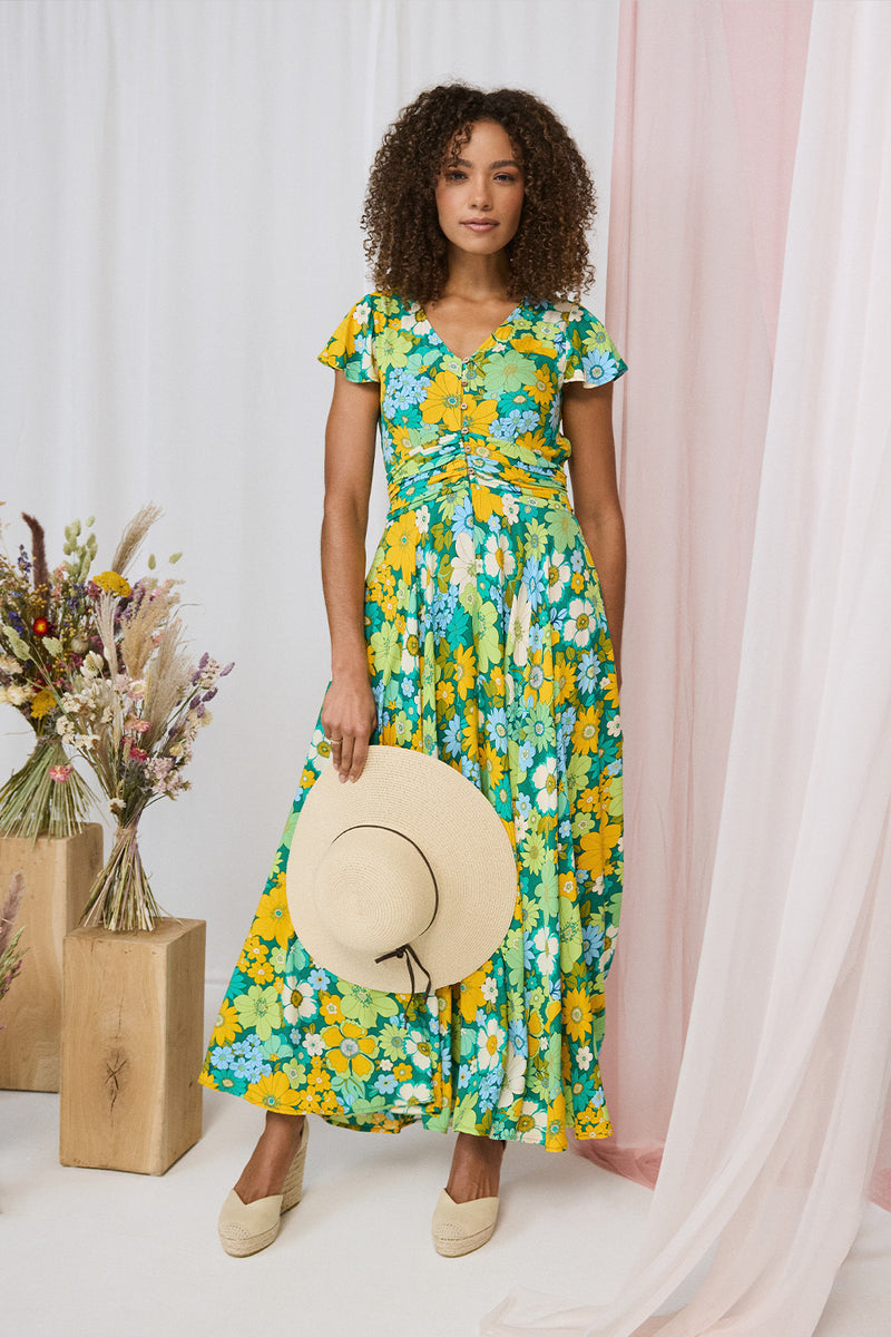 Floral Ruched Cap Sleeve Maxi Dress | Izabel London Floral Ruched Cap Sleeve Maxi Dress | Izabel London