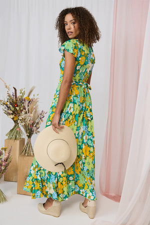 Green | Floral Ruched Cap Sleeve Maxi Dress : Model is 5'8