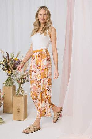 Orange | Patchwork Print High Waist Wide Leg Trousers : Model is 5'10