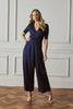 Navy | 1/2 Sleeve Wrap Waist Wide Leg Jumpsuit : Model is 5'10