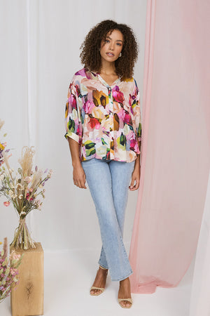 Pink | Brushstroke Print 3/4 Sleeve Shirt : Model is 5'8