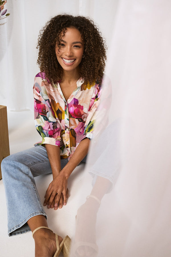 Pink | Brushstroke Print 3/4 Sleeve Shirt 