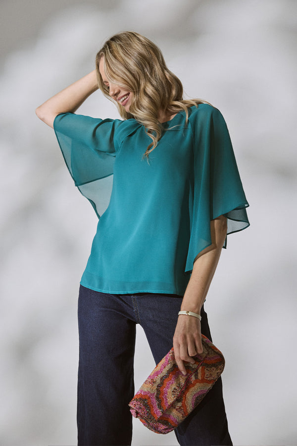 Teal | Semi Sheer Cut Out 3/4 Sleeve Blouse
