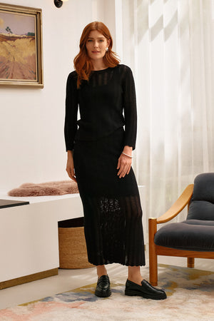 Black | High Waist Crochet Knit Midi Skirt : Model is 5'9