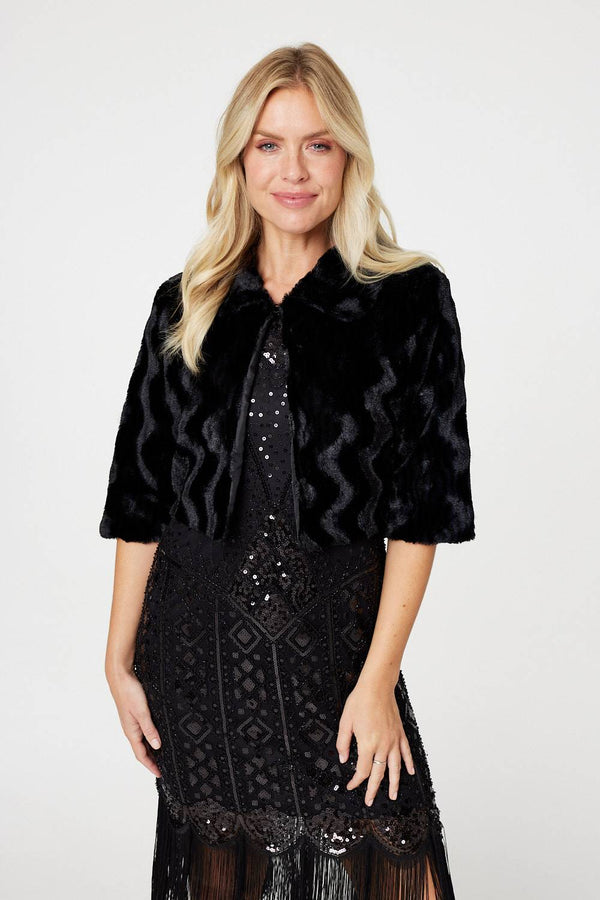 Black | Faux Fur 1/2 Sleeve Cropped Jacket