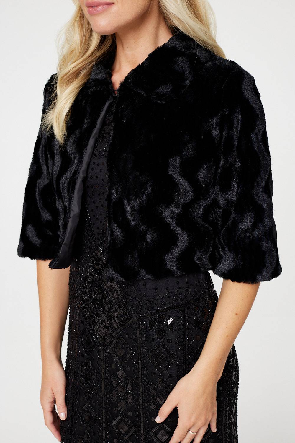 Black | Faux Fur 1/2 Sleeve Cropped Jacket