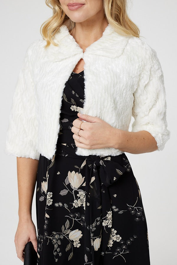 Cream | Faux Fur 1/2 Sleeve Cropped Jacket