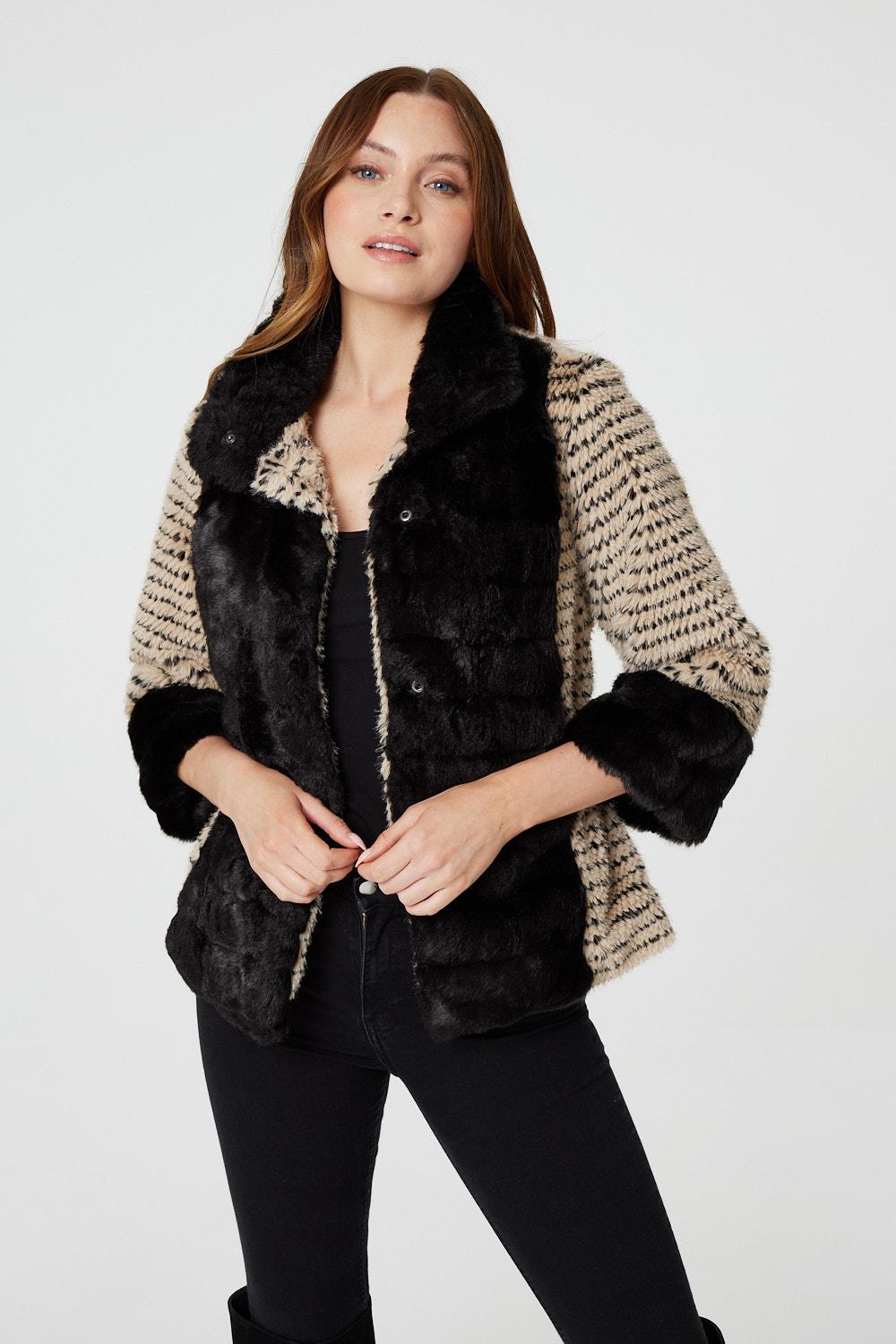 Black | Striped Faux Fur 3/4 Sleeve Jacket