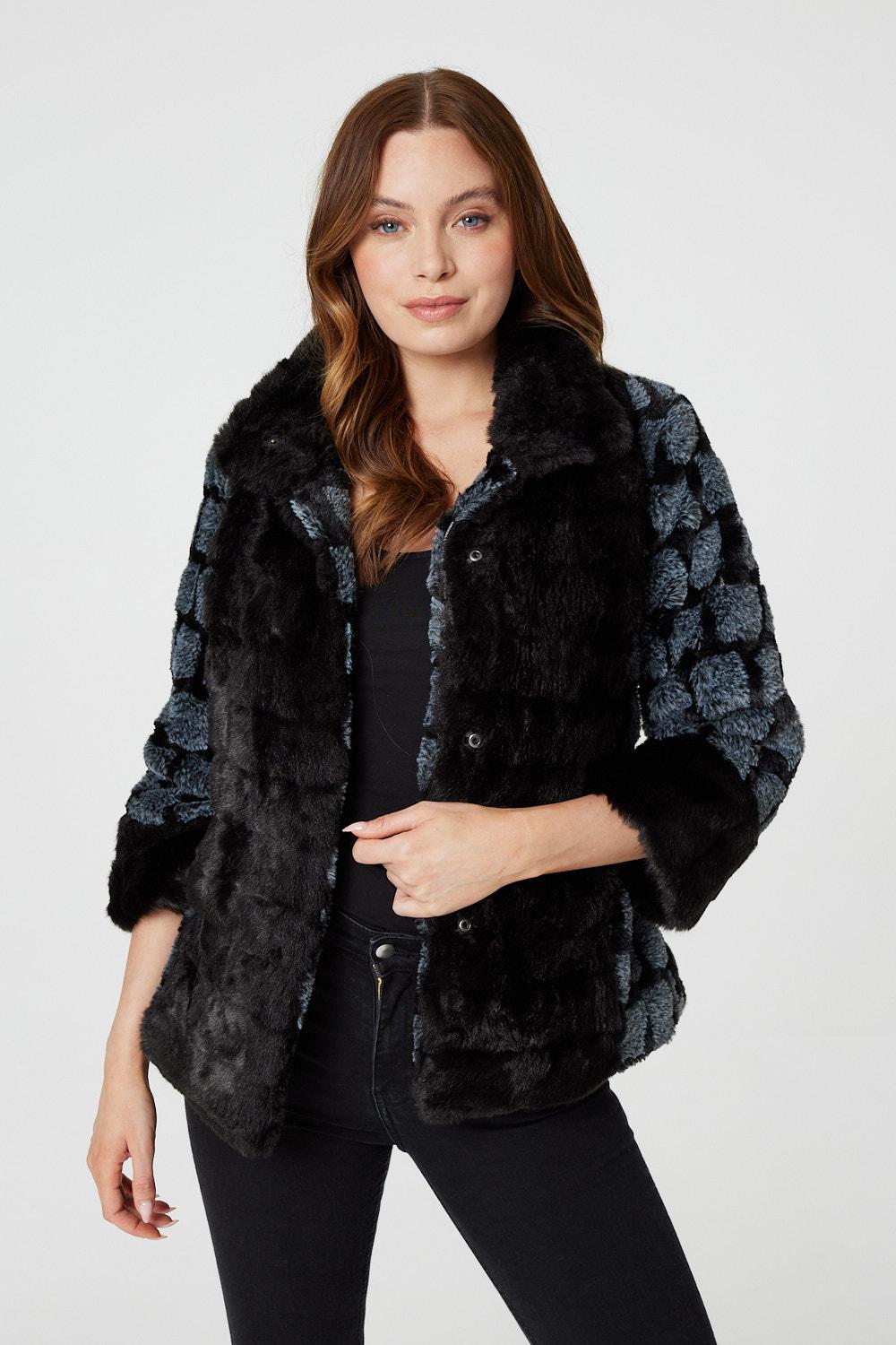 Black | Faux Fur 3/4 Sleeve Cropped Jacket