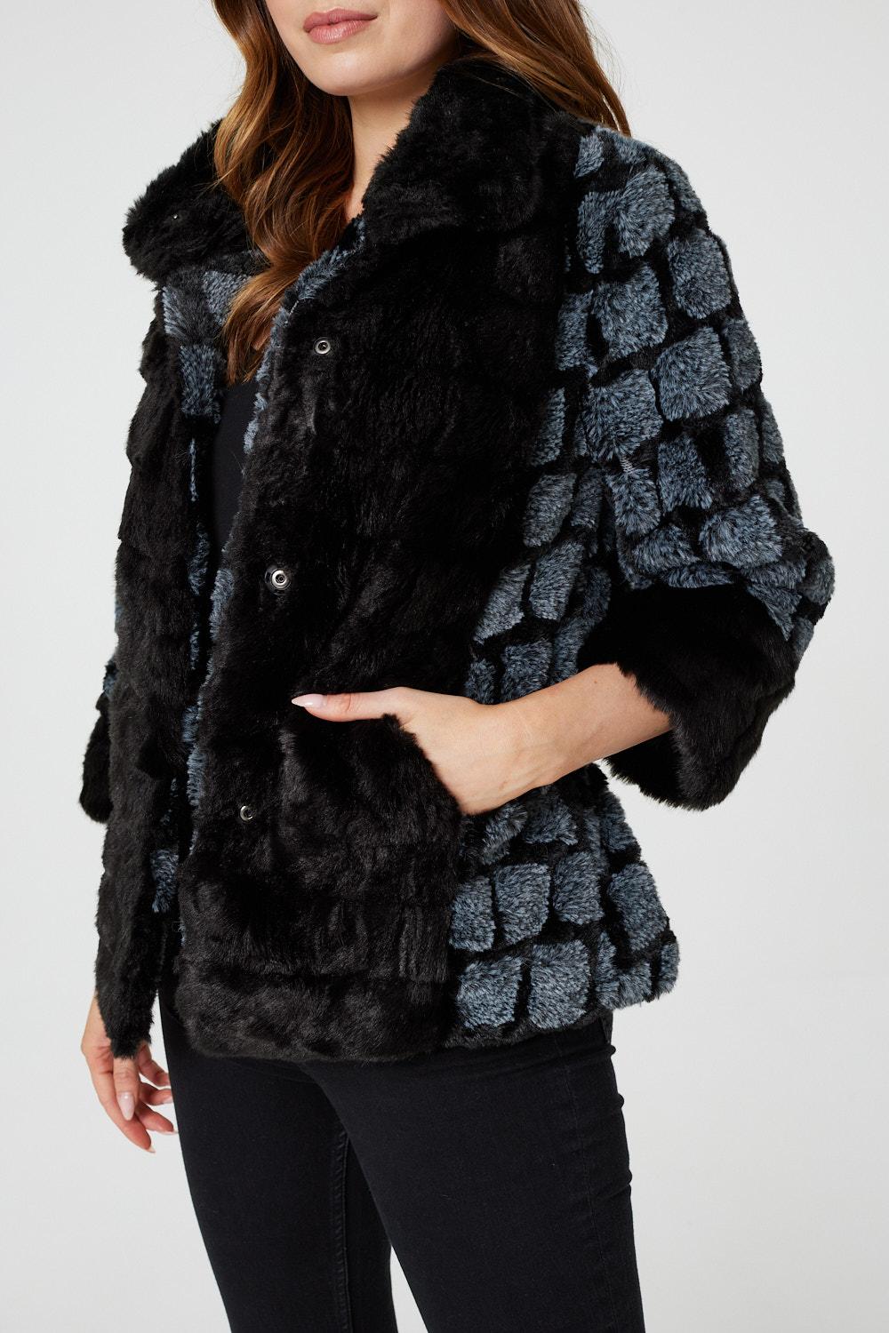 Black | Faux Fur 3/4 Sleeve Cropped Jacket
