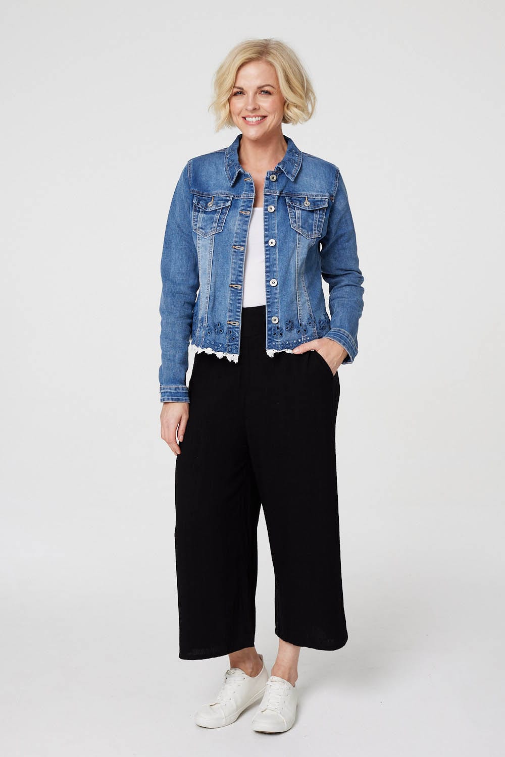 Blue | Lace Hem Cropped Denim Jacket