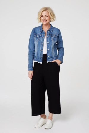 Blue | Lace Hem Cropped Denim Jacket