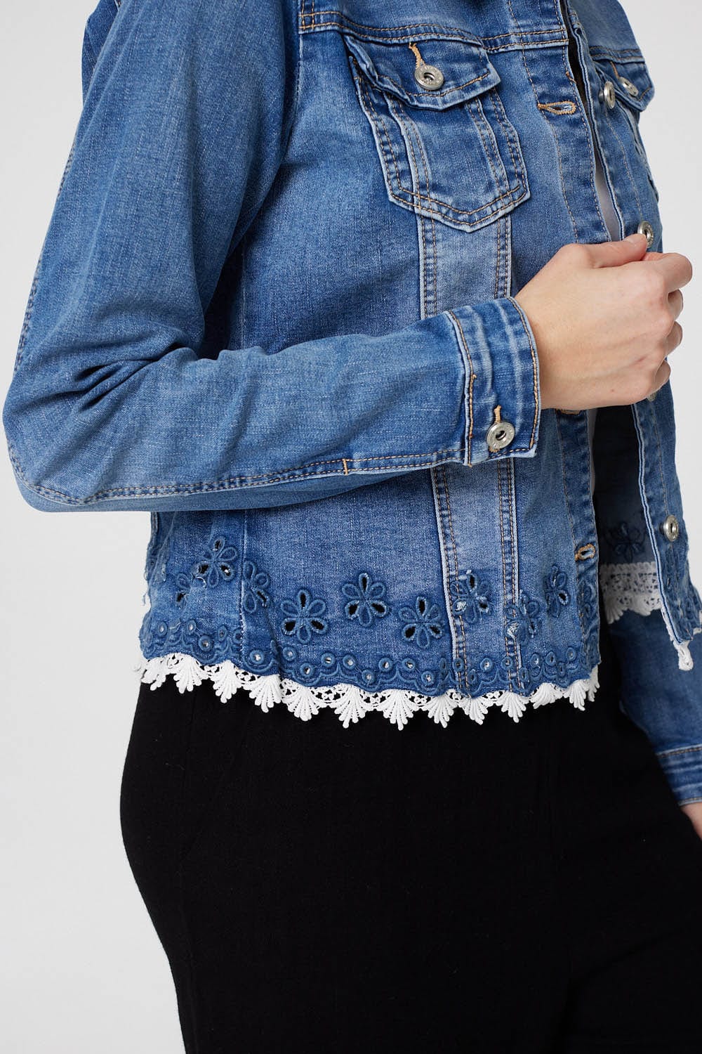 Blue | Lace Hem Cropped Denim Jacket