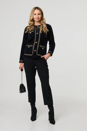 Black | Embroidered Trim Knitted Smart Jacket
