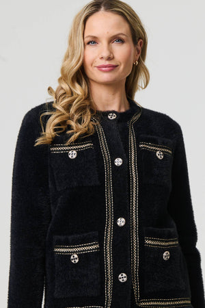 Black | Embroidered Trim Knitted Smart Jacket
