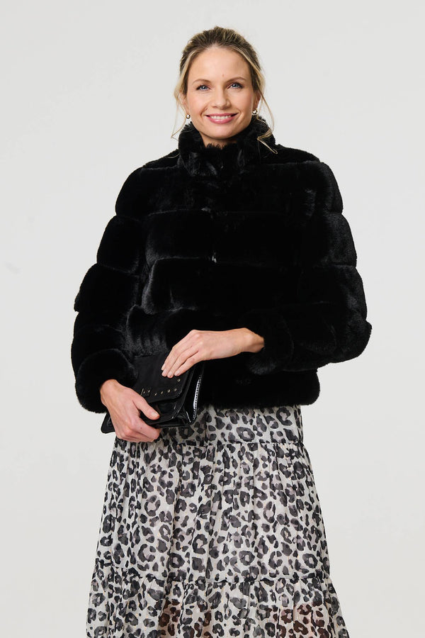 Black | Faux Fur High Neck Cropped Jacket
