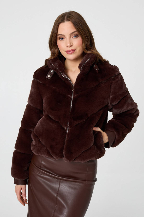 Brown | Faux Fur Textured Zip Front Jacket