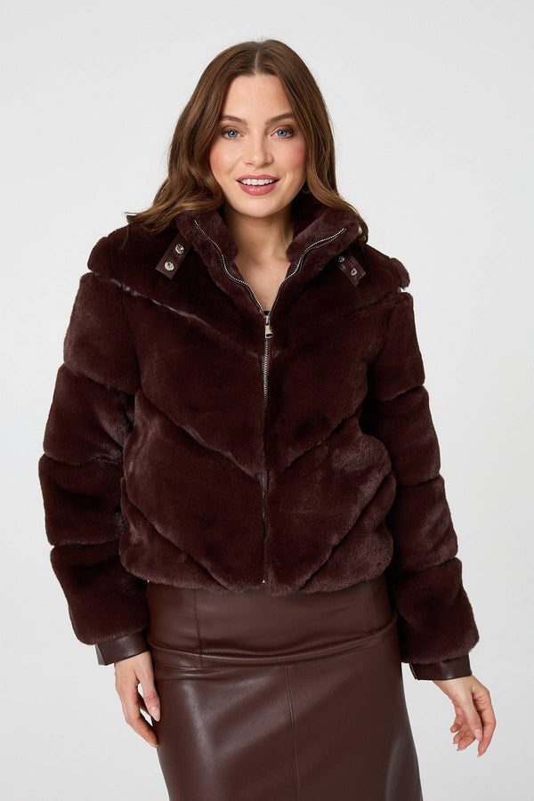 Brown | Faux Fur Textured Zip Front Jacket : Model is 5'9"/175 cm and wears UK8/EU36/US4/AUS8