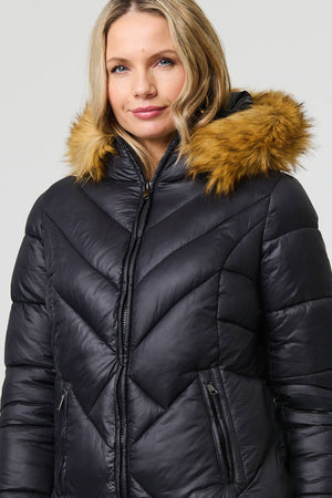 Black | Faux Fur Trim Hooded Puffer Jacket