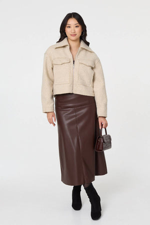 Beige | Collared Pocket Front Cropped Jacket : Model is 5'9
