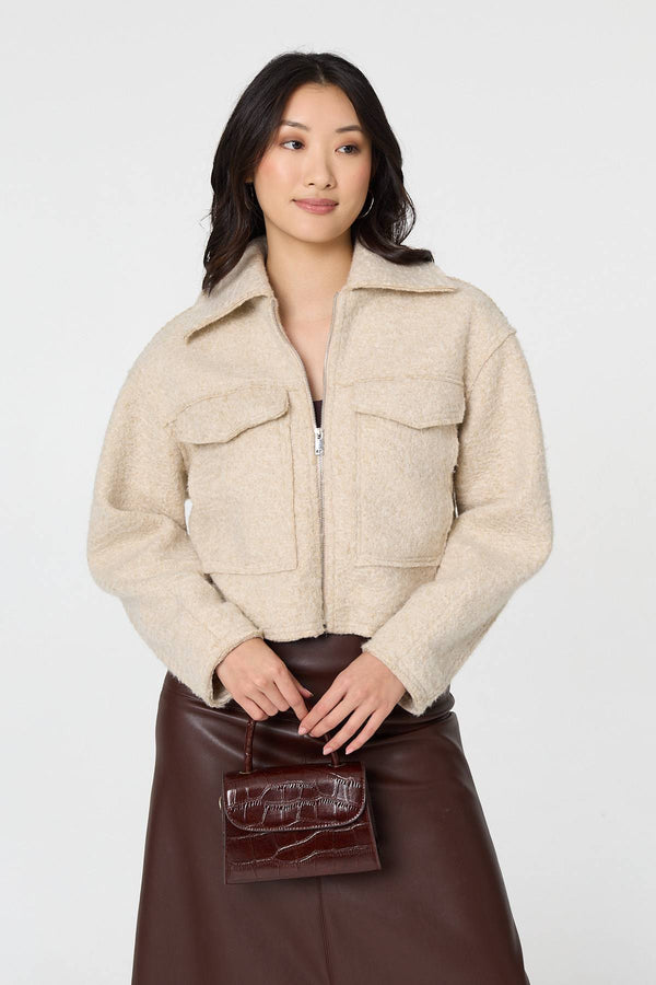 Beige | Collared Pocket Front Cropped Jacket
